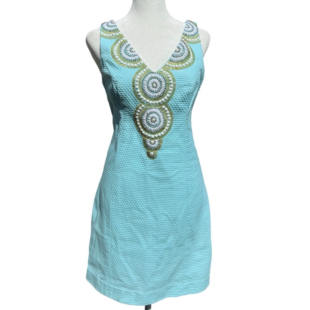 Lilly Pulitzer Turquoise Textured Dress w/ Beaded Neckline Sz 0